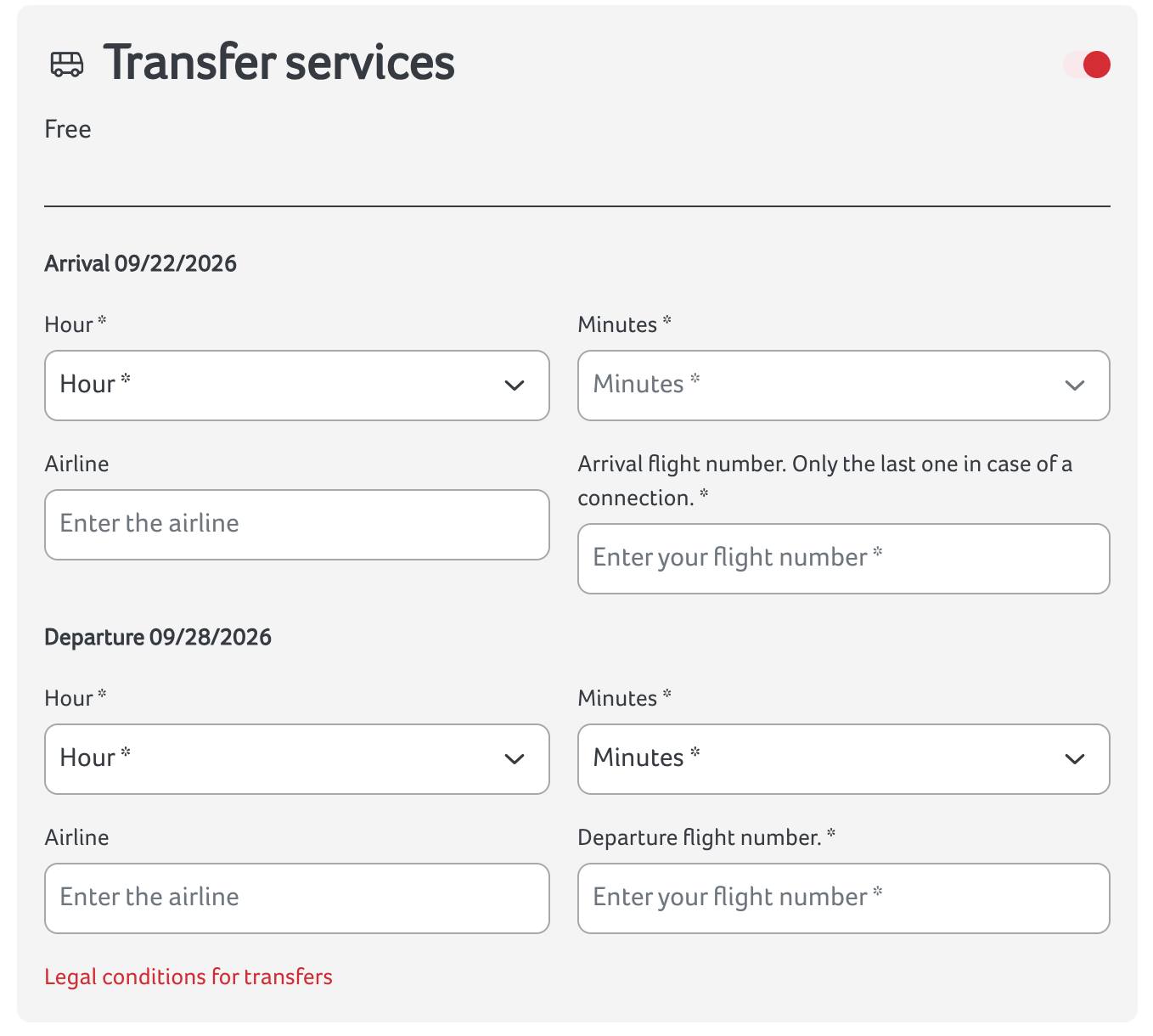 Riu hotel booking showing free transfer services with flight number fields